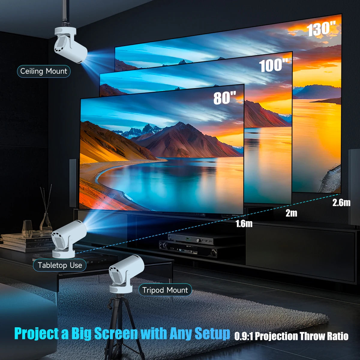 HY300 Pro + Projector 4K 720P with 5W Speaker Android 11 8000 Lumens Wifi 6 BT5.4 Outdoor Video Home Theater Projector