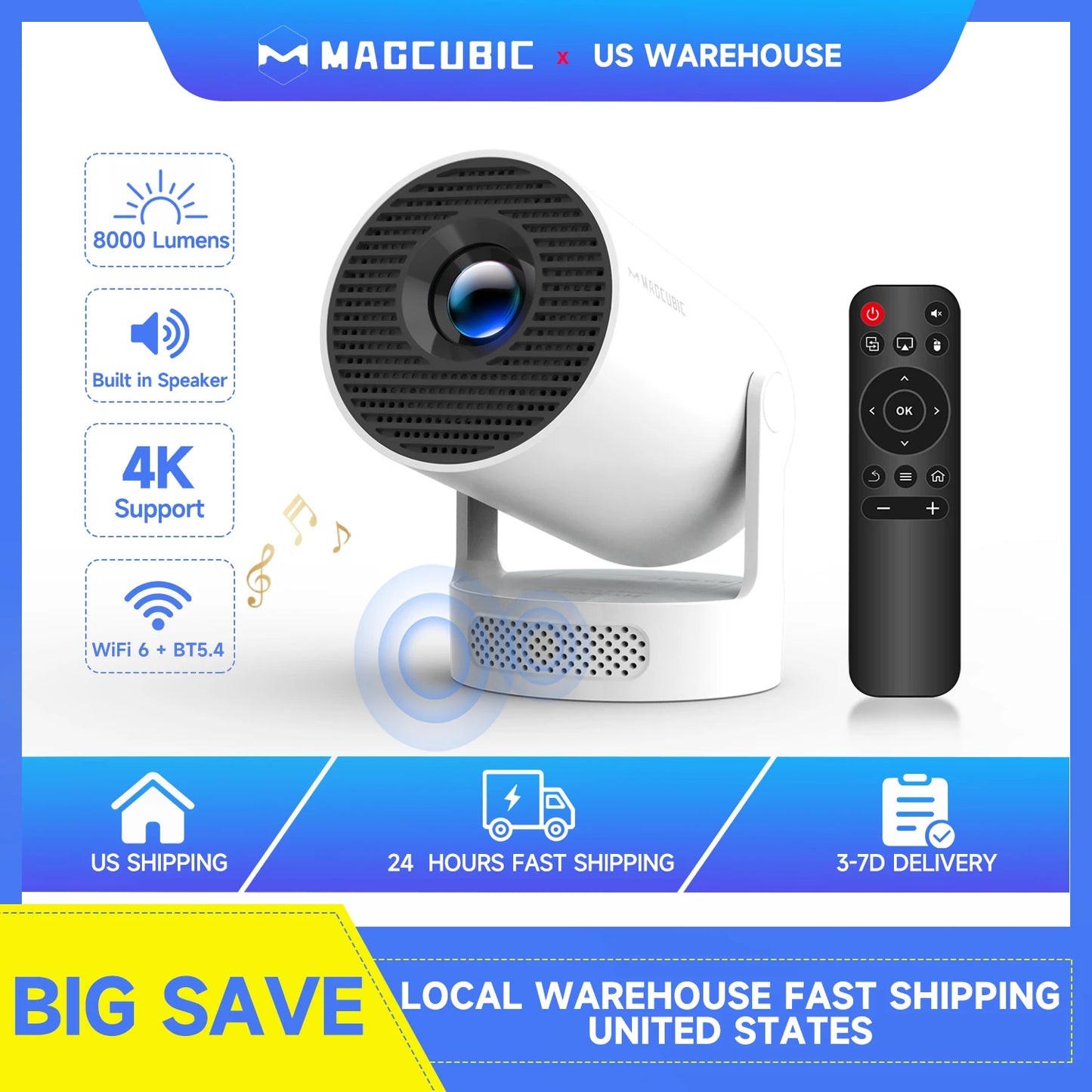 HY300 Pro + Projector 4K 720P with 5W Speaker Android 11 8000 Lumens Wifi 6 BT5.4 Outdoor Video Home Theater Projector